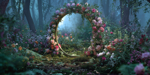 mystical round mirror standing in the middle of an enchanted forest