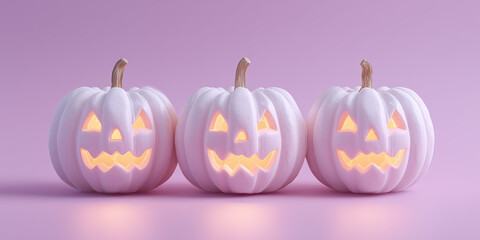 three white pumpkins carved with glowing jack-o’-lantern faces