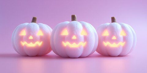 three white pumpkins carved with glowing jack-o’-lantern faces