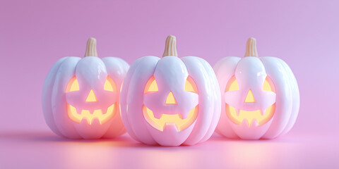 three white pumpkins carved with glowing jack-o’-lantern faces