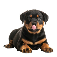 Fototapeta premium Adorable Rottweiler puppy with tongue sticking out lying down.