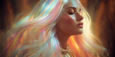 dreamy portrait of a woman with long flowing holographic rainbow hair
