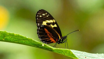 Obraz premium Colorful butterfly rests upon a green leaf, its wings displaying vibrant orange, black, and yellow patterns