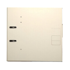 Ivory-colored, rectangular binder with metal rings, spine details, and a dark background