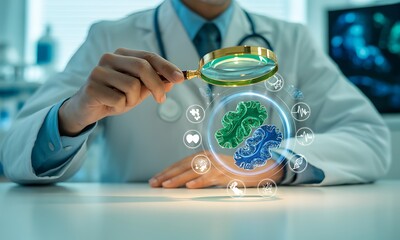 Doctor examining mitochondria with magnifying glass and futuristic medical icons, ideal for illustrating cellular biology research and advanced healthcare technology concepts