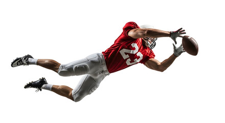 American football player diving to catch a football.