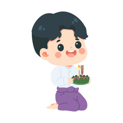 Cartoon Boy Holding Krathong for Loy Krathong