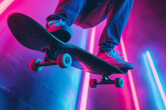 Generative AI Artwork of Urban Skater in neon lights Motion Capturing Street Vibes Energy - Powered by Adobe