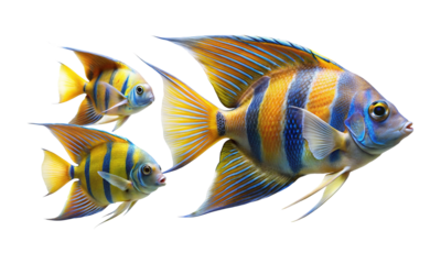 A Group of Three Beautifully Colored and Detailed Angel Fish on White