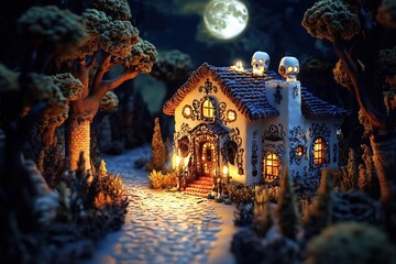 Fototapeta premium A detailed, intricately crafted, miniature house, adorned with decorative patterns, sits on a path lined with trees under a night sky with a full moon.