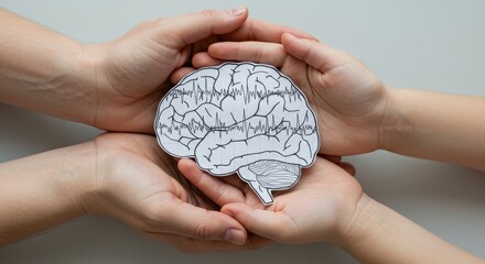 Hands embracing brain cutout symbolizing mental wellness and cognitive care