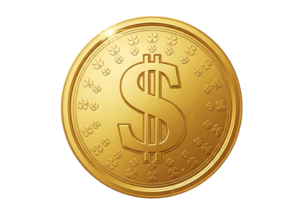 Ultra highresolution, professional studio photography of illustration of a golden coin with a dollar sign in the center, isolated on a transparent background