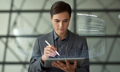 Business professional using digital pen on tablet with holographic AI data visualizations, ideal for illustrating futuristic analytics and technology innovation