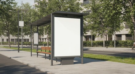 Blank billboard template at bus stop on city street, modern urban mockup