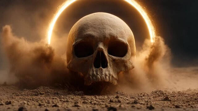 Human skull bone dusty ground with glowing ring and eerie dark atmosphere, mysterious glowing eclipse creating dramatic shadow, spooky ritual decay texture science fossil anatomy horror death close up