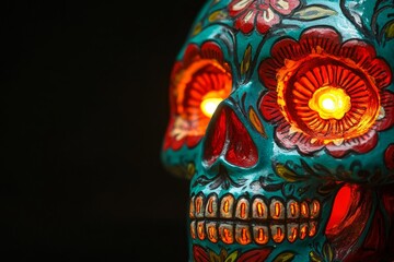 A close-up view of a vibrant, decorated skull, highlighted by warm light emanating from its decorative eye sockets.