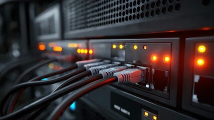 Network cable connection to server and switch with glowing indicator lights showing data transfer, communication, ethernet hardware, internet technology infrastructure in dark server room environment - Powered by Adobe
