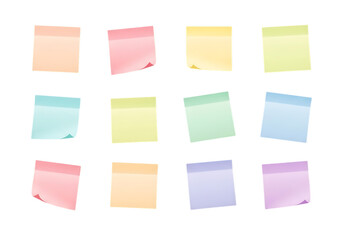 Ultra highresolution, professional studio photography of illustration of a collection of twelve colorful sticky notes arranged in a grid, isolated on a transparent background