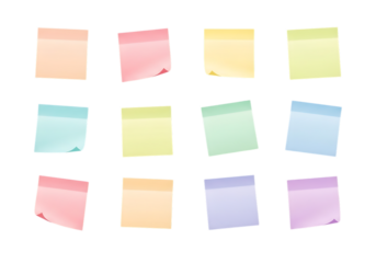 Ultra highresolution, professional studio photography of illustration of a collection of twelve colorful sticky notes arranged in a grid, isolated on a transparent background