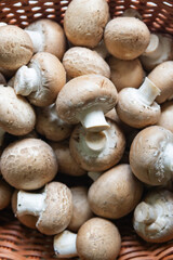 Fresh mushrooms piled in a woven basket ready for cooking or sale at a farmers market