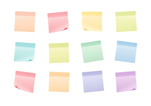 Ultra highresolution, professional studio photography of illustration of a collection of twelve colorful sticky notes arranged in a grid, isolated on a transparent background