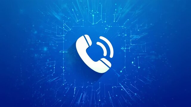 A digital image depicts a white telephone icon, emitting sound waves, over a detailed blue background