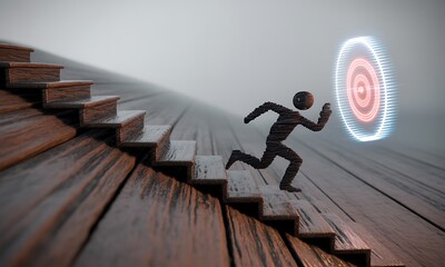Abstract figure running up wooden stairs towards glowing target, ideal for representing goal achievement, success motivation, and career advancement concepts