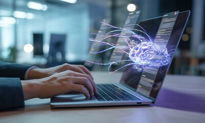Hands typing on laptop with holographic AI brain and digital data interface, ideal for illustrating artificial intelligence and futuristic technology concepts