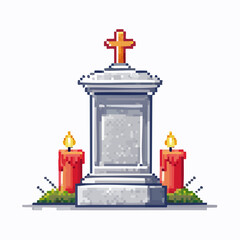 Polish cemetery grave pixel art - memorial candle with cross headstone vector illustration