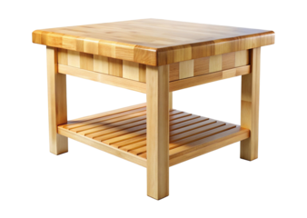 Butcher block side table with slatted shelf on a white background