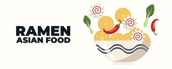 A bowl of ramen soup with chopsticks — Asian and Japanese cuisine banner. Perfect for restaurant branding, advertising, menu design, and marketing materials