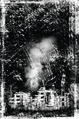 Apocalyptic urban landscape with destroyed buildings. Grunge scratch background. Creative black and white illustration	