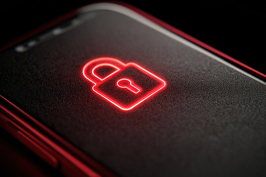 Image of a red lock sign on a dark smartphone screen. - Powered by Adobe