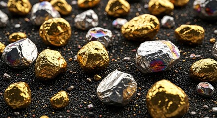 Shiny gold and silver nuggets gleam on dark textured ground