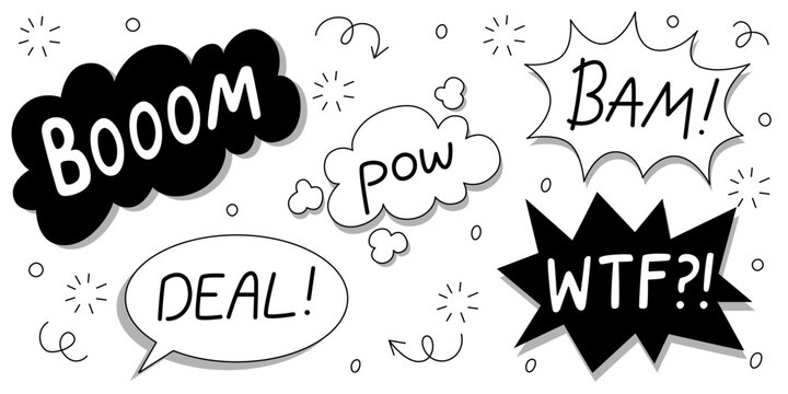 Black comic explosions with boom and pow, bam, wtf and deal in speech bubbles. Bold typography with sparkles, motion lines and arrows for vintage super hero action or graphic novel panels.