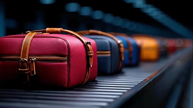 A row of colorful bags sitting on top of a conveyor belt