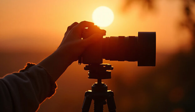 side view of a hand adjusting camera on tripod during sunset, warm orange backlight, lens flare visible, cinematic mood