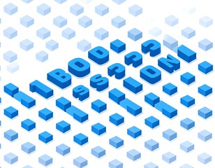 Isometric view of blue text arrayed over a light blue cubic grid fading into the background