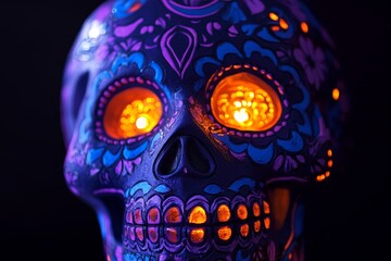 A close-up view of a vibrantly decorated skull, showcasing intricate floral patterns in shades of purple, blue, and pink, illuminated by warm orange lights within the eye sockets and teeth.