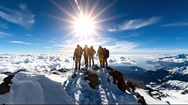 A group of people standing on top of a snow covered mountain