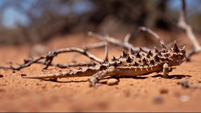 A lizard with spikes on its head sitting on the ground