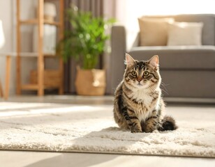 Striped cat sits on a plush rug in a bright living room, with soft lighting from a nearby window