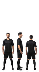 Three views of a man wearing a black soccer uniform.