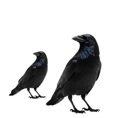 Two Black Birds Standing Together Isolated on White Background.