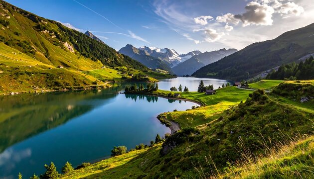 Lake surrounded by grassy mountains with snow-capped peaks in the distance under a partly cloudy blue sky
