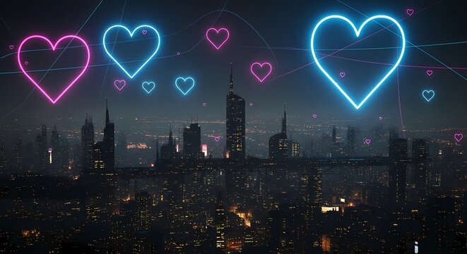 Vibrant neon hearts float above a glowing cityscape at night, symbolizing connection and urban romance - Powered by Adobe