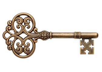 Antique ornate brass key, watercolor isolated on a transparent background