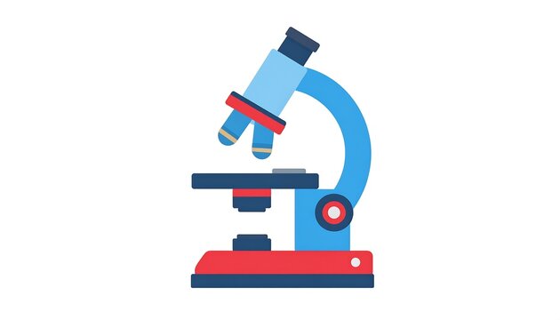 Flat, cartoonish microscope in blue, red and black. Lab research, science icon, study, education, vector illustration