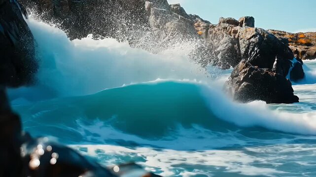 Dynamic Ocean Waves Crashing Against Rocky Shoreline on a Sunny Day