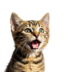Surprised tabby kitten with wide open mouth and big eyes.